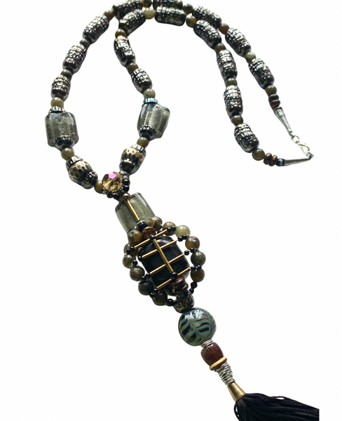 Men’s Long Black Tassel Necklace with Gunmetal Caps, Multi-Glass Beads, Tourmaline & Brass Ebony Wood Pendant