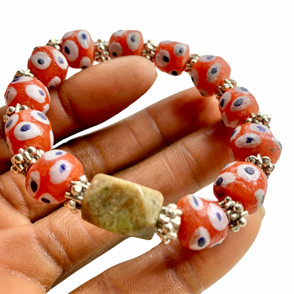 Red Evil Eye Beaded Bracelet with Natural Stone Accent