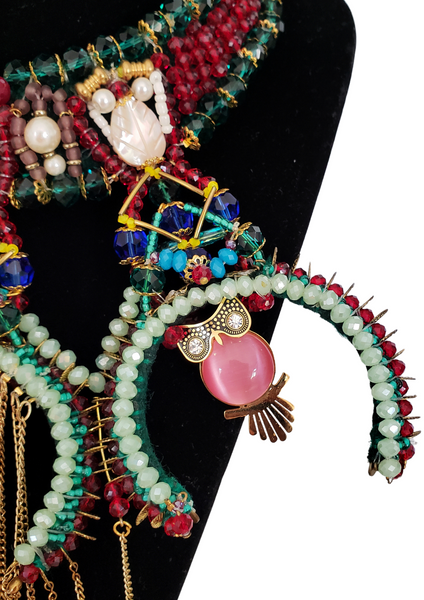 Amaraoma Multi-Layered Statement Necklace with Beaded Crescent, Owls, and Gemstone Fringe