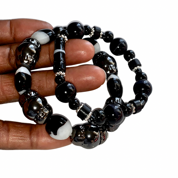 Men’s Black Hematite & Onyx Beaded Bracelet Set with African Vinyl Discs, Gunmetal Caps & Silver Detailing