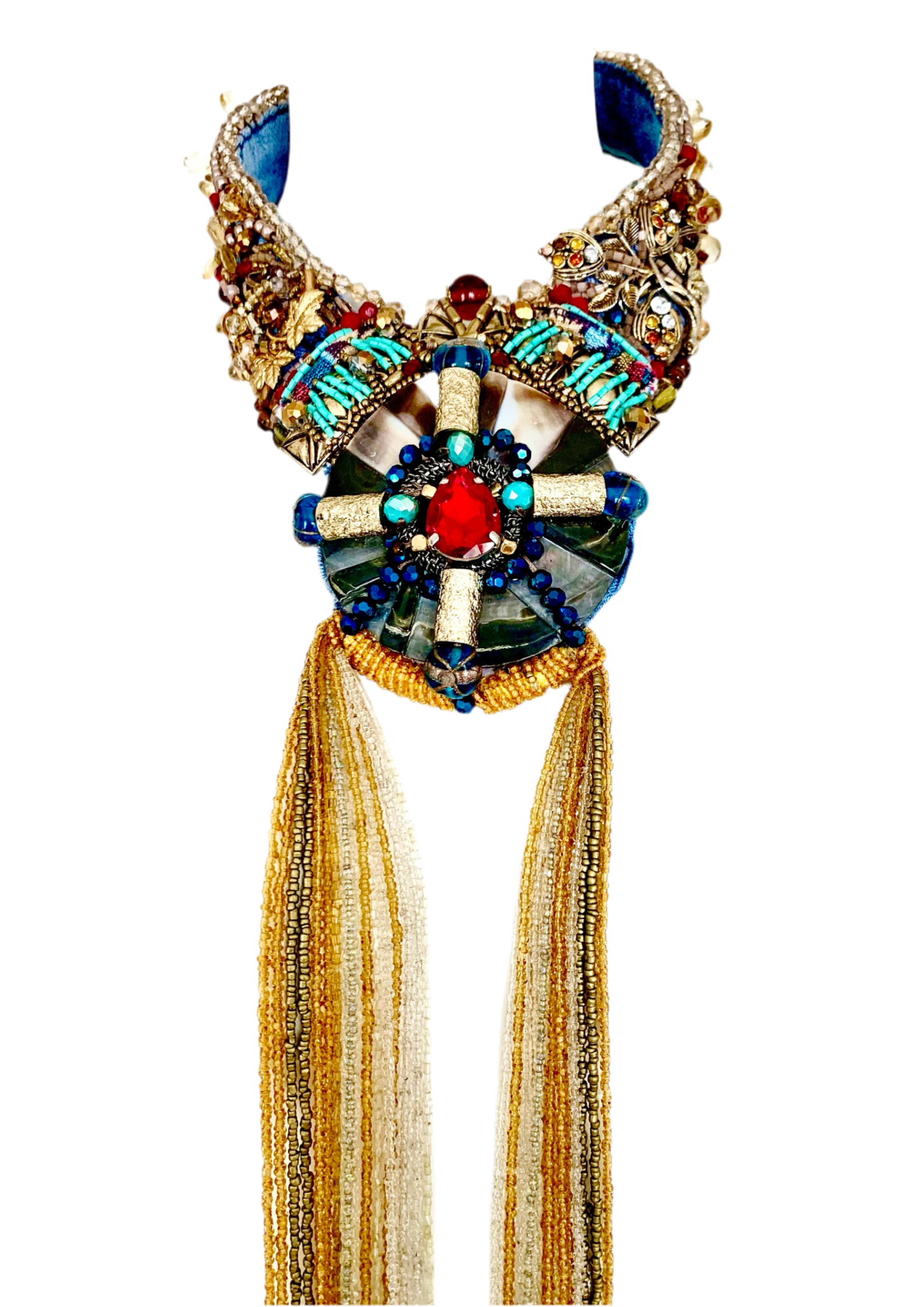 【関税&送料込】Golden  Embellished Single-Breasted Bla Recycled Denim Necklace with Gold, White & Champagne Glass