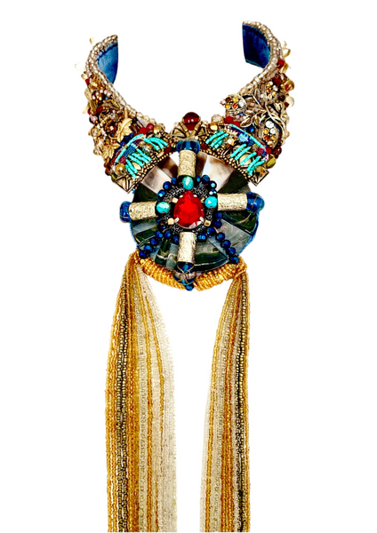 Recycled Denim Necklace with Gold, White & Champagne Glass Beaded Tassels