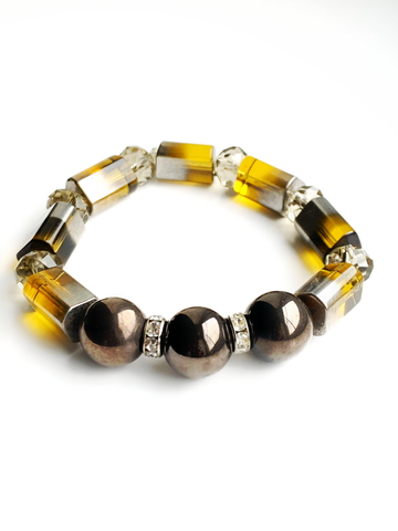   Men’s Hematite and Amber Electroplated Geometric Glass Beaded Stretchy Bracelet 