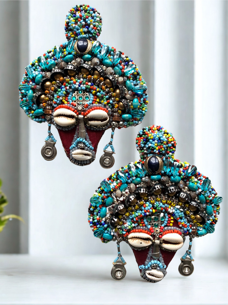 Ezenwanyi Beaded Crystals & Cowrie Mask Lever Back Earrings