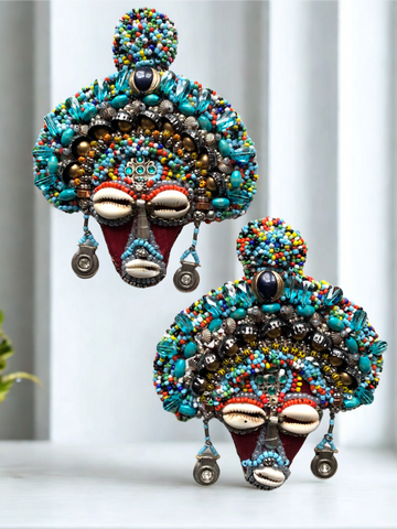 Ezenwanyi Beaded Crystals & Cowrie Mask Lever Back Earrings
