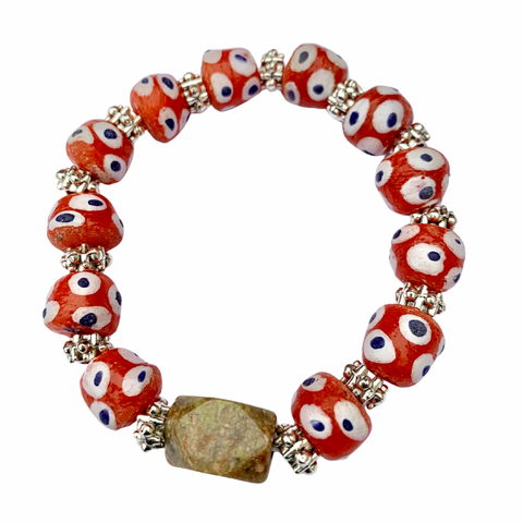 Red Evil Eye Beaded Bracelet with Natural Stone Accent