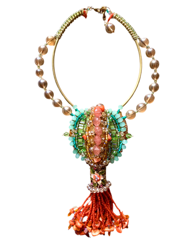 Odimnobi Bold Colourful Multi-Beaded Rose Quartz, Coral Chips, and Crystal Beads Statement Bib Choker Pendant Necklace with Tassel Detailing