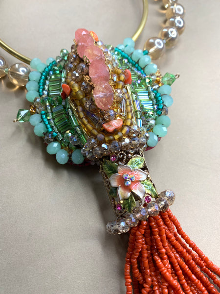 Odimnobi Bold Colourful Multi-Beaded Rose Quartz, Coral Chips, and Crystal Beads Statement Bib Choker Pendant Necklace with Tassel Detailing