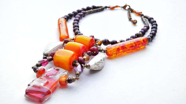 Anulika Two Strand Long Necklace with Three Large Orange Copal Amber Resin with Venetian Glass beads and Recycled Glass Pendant Necklace