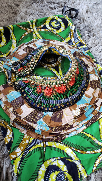 Lasya Bead-Embellished African Textile Print Ruffle Beaded Neckpiece