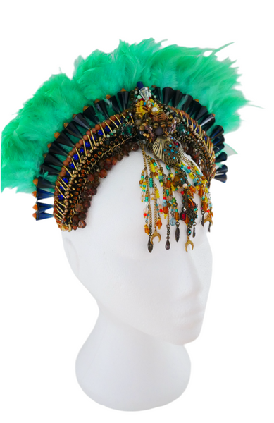 Emerald Enchantress Goddess Vibrant Green Beaded Feathered Crown