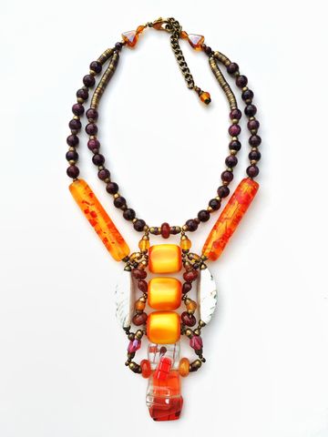 Anulika Two Strand Long Necklace with Three Large Orange Copal Amber Resin with Venetian Glass beads and Recycled Glass Pendant Necklace