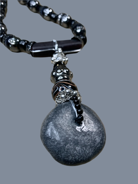 Men’s Long Black Onyx Necklace with Gunmetal Caps, Multi-Glass Beaded Pendant, and Dark Grey Magnesite Accents