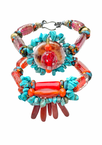 Vibrant and Eclectic Women’s Turquoise and Colourful Beaded Two Bracelet Stack Set 