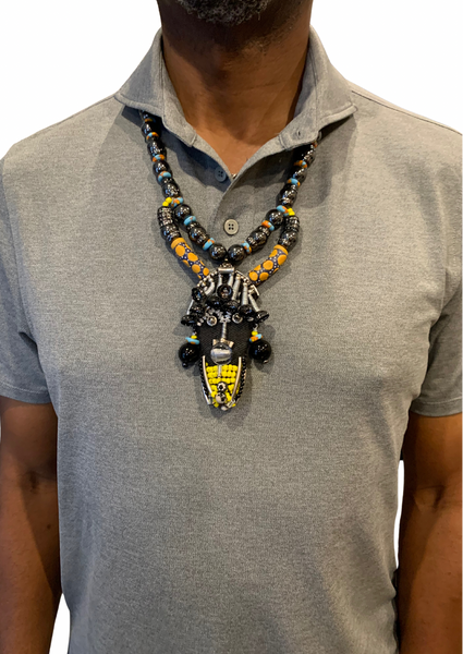 Dassanech Handcrafted Hematite, Colourful Ghana Recycled Rondelle & Krobo Glass Beads Necklace with Gunmetal Accents and Mask Pendant