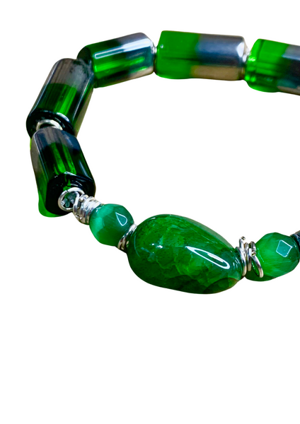 Men’s Green and Silver Electroplated Glass Beaded Bracelet with Aventurine, Jade, and Silver Jump Ring Spacers
