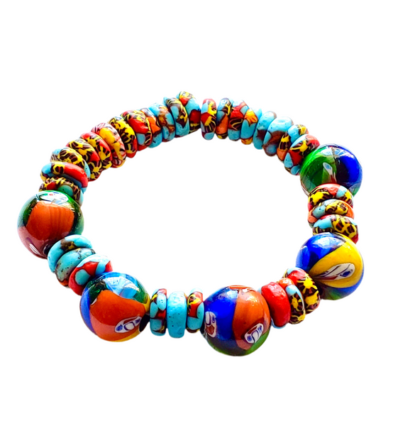 Vibrant Artistic Unisex Colourful Mosaic Ghana Recycled Beads Beaded Bracelet