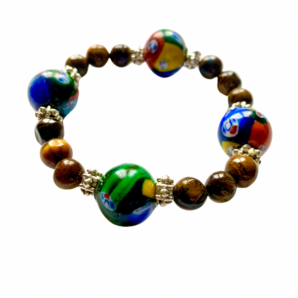 Ghanaian Krobo Bead & Tiger Eye Gemstone Stretch Bracelet for Women – 7 Inch 