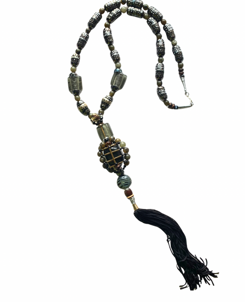 Men’s Long Black Tassel Necklace with Gunmetal Caps, Multi-Glass Beads, Tourmaline & Brass Ebony Wood Pendant