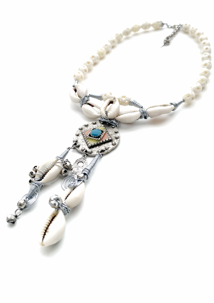 Unisex Boho Necklace with Antiqued Silver Berber Amulet from Maroc and Cowrie Shells