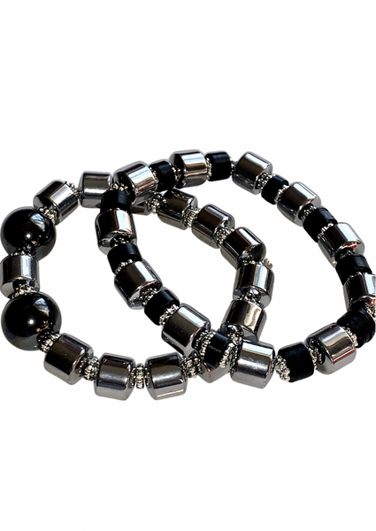 Silver Hematite, African Vinyl Bead, and Silver Tibetan Spacer Bracelet Set