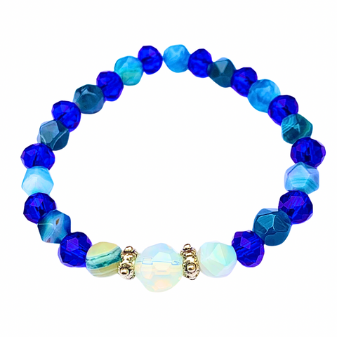 Men’s Lapis Blue Agate Stretch Bracelet with Blue and White Crystal Glass Beads and Silver Tibetan Spacers