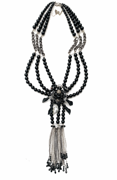 Mystic Noir Vintage Glam Women's Black Beaded Statement Necklace with Silver Tassel Chain