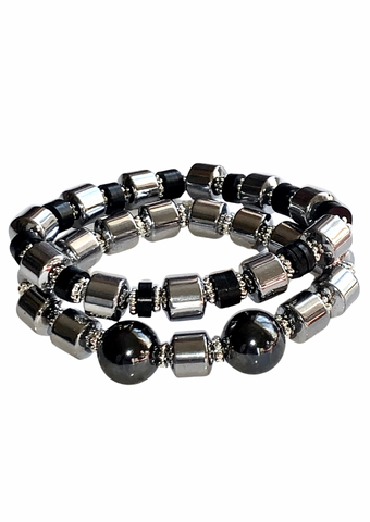 Silver Hematite, African Vinyl Bead, and Silver Tibetan Spacer Bracelet Set