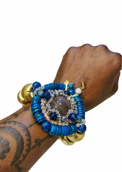 Ocean Radiance Blue Chrysocolla, Agate, Lapis Lazuli, Faceted Glass and Sodalite Stone, Brass Statement Bracelet with Shell
Charms