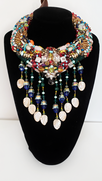 Amani Colourful Embellished Multi-Gemstone Mother of Pearl Tassel Drop Statement Necklace