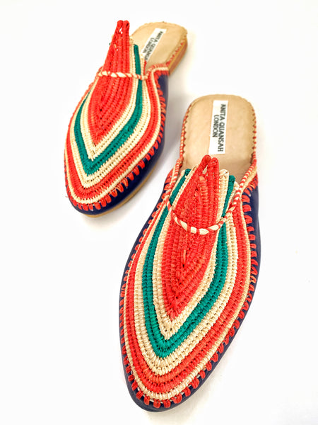 Akila Navy Blue Leather with Multi-Coloured Raffia Slippers