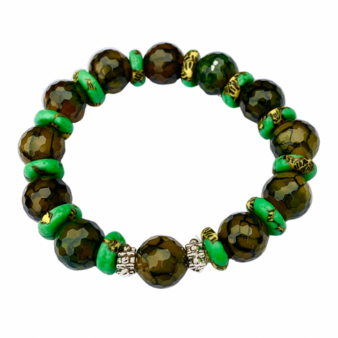 Green Jade and Ghana Krobo Glass Beaded Handmade Bracelet for Men