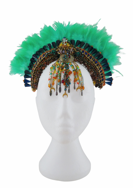 Emerald Enchantress Goddess Vibrant Green Beaded Feathered Crown