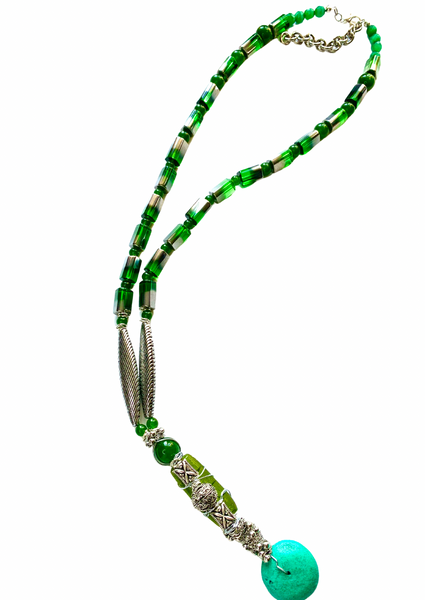 Men’s Long Green Jade and Magnesite Silver Necklace