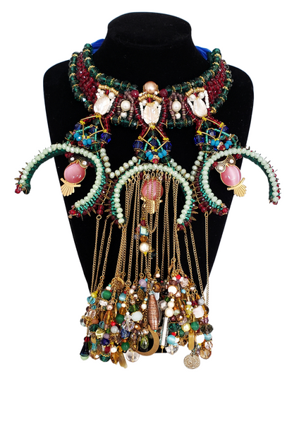 Amaraoma Multi-Layered Statement Necklace with Beaded Crescent, Owls, and Gemstone Fringe