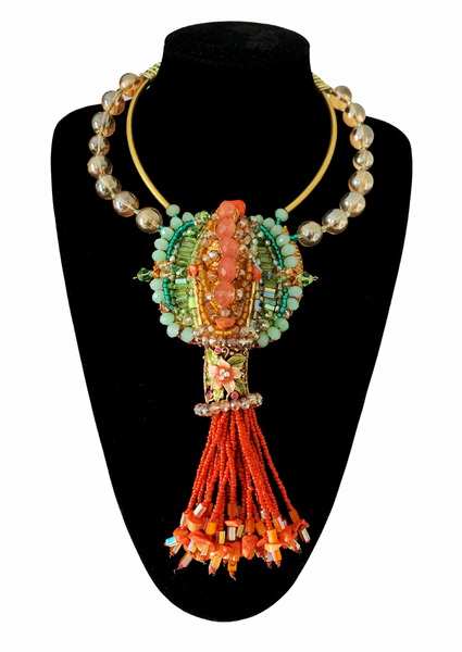 Odimnobi Bold Colourful Multi-Beaded Rose Quartz, Coral Chips, and Crystal Beads Statement Bib Choker Pendant Necklace with Tassel Detailing