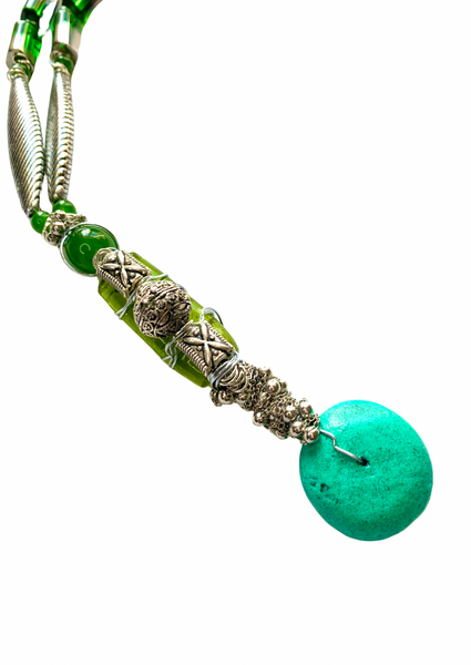 Men’s Long Green Jade and Magnesite Silver Necklace