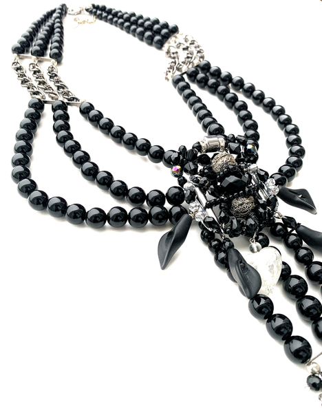 Mystic Noir Vintage Glam Women's Black Beaded Statement Necklace with Silver Tassel Chain