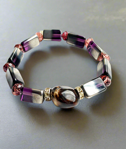 Handcrafted Men’s Electroplated Glass and Moonstone Stretchy Bracelet with Amethyst