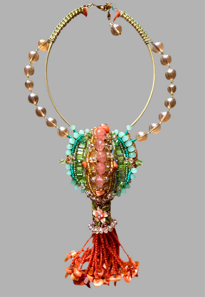 Odimnobi Bold Colourful Multi-Beaded Rose Quartz, Coral Chips, and Crystal Beads Statement Bib Choker Pendant Necklace with Tassel Detailing