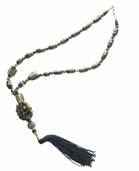 Men’s Long Black Tassel Necklace with Gunmetal Caps, Multi-Glass Beads, Tourmaline & Brass Ebony Wood Pendant