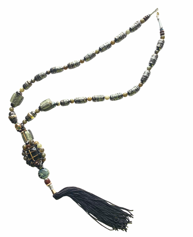 Men’s Long Black Tassel Necklace with Gunmetal Caps, Multi-Glass Beads, Tourmaline & Brass Ebony Wood Pendant