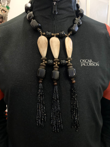 Men’s Black Ebony Wood and Tiger Eye Glass Beaded Tassel Necklace