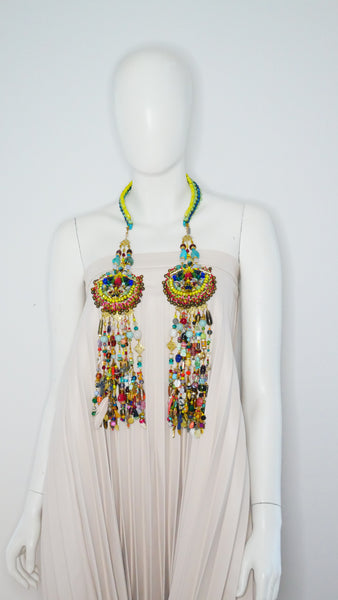 Irene Colourful Multi-Beaded Swarovski Crystal and Gemstone Embellished Fringe Pendant  Headpiece and Neckpiece