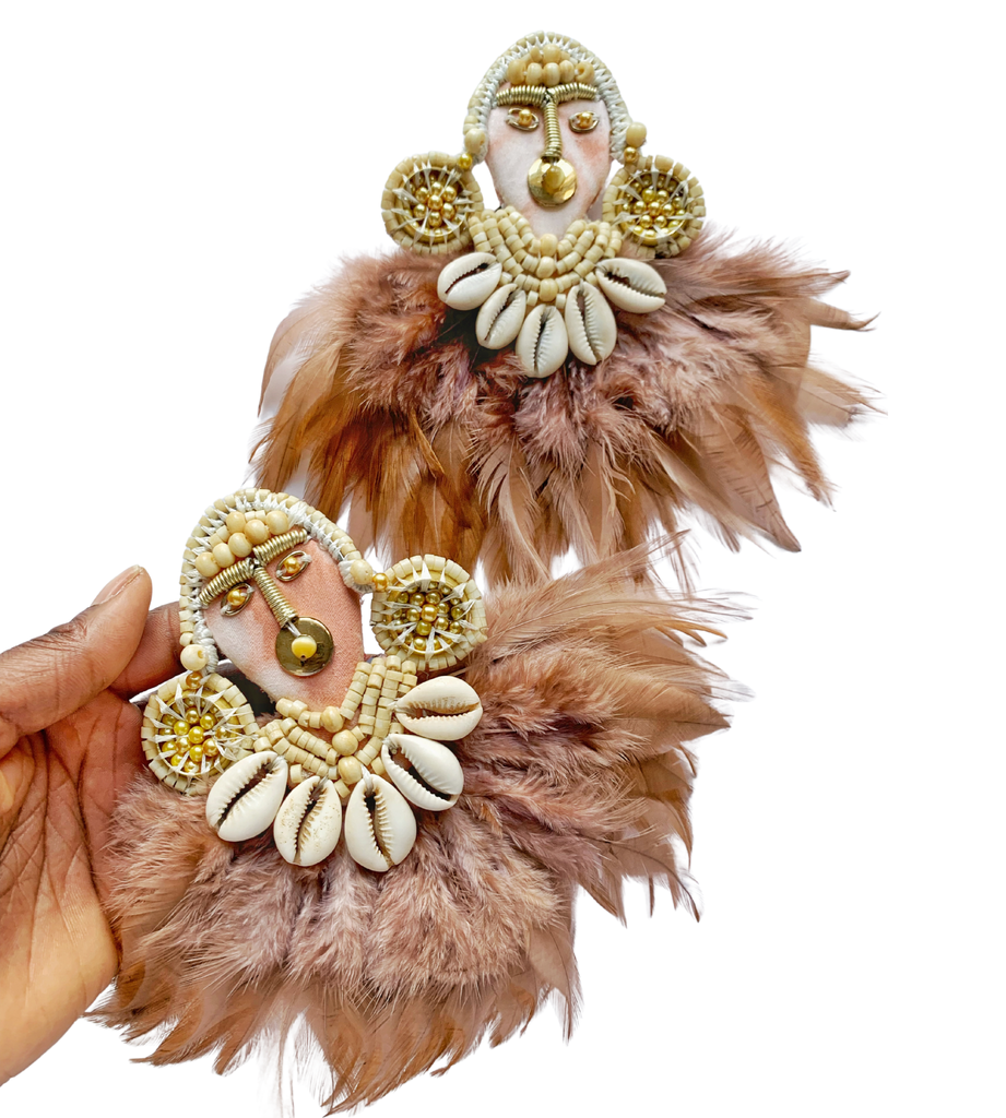 Ifejioku Cowrie Shell & Feather Post Earrings
