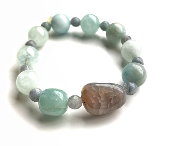 Men’s Aquamarine & Blue Lace Chalcedony Gemstone Stretch Bracelet