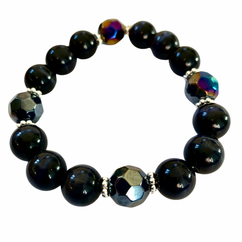 Men’s Black Onyx and Iridescent Gemstone Beads Stretch Bracelet with Silver Detailing
