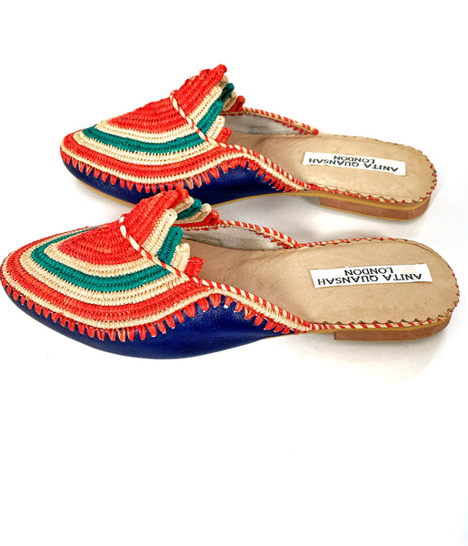 Akila Navy Blue Leather with Multi-Coloured Raffia Slippers