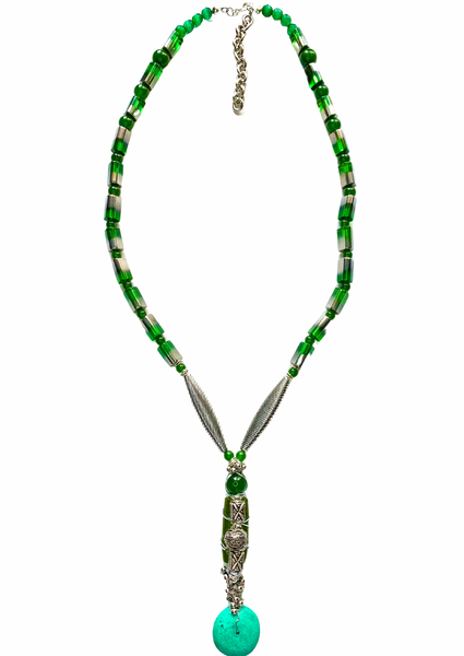 Men’s Long Green Jade and Magnesite Silver Necklace