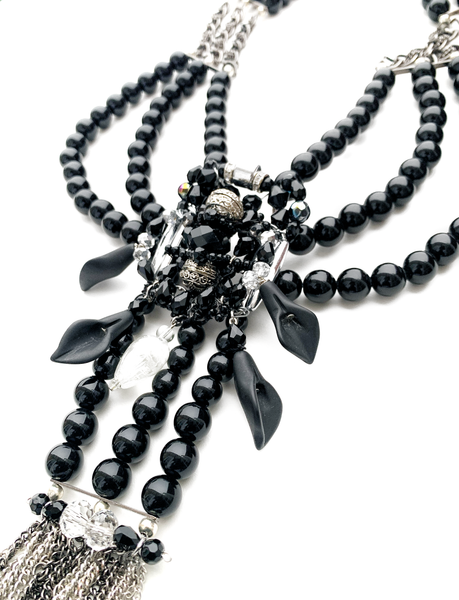 Mystic Noir Vintage Glam Women's Black Beaded Statement Necklace with Silver Tassel Chain